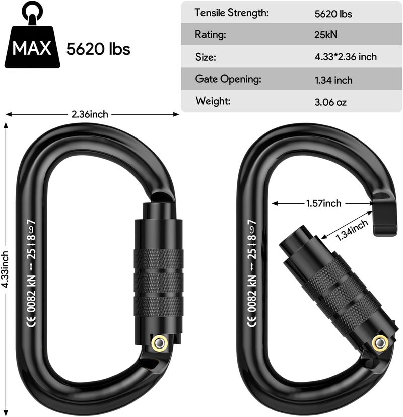 FVW CE Certified Auto Locking Climbing Carabiners, Professional 25KN (5620 lbs) Heavy Duty Caribeaners for Rappelling Swing Rescue & Gym etc, Large D-Shaped Carabiners - Image 3